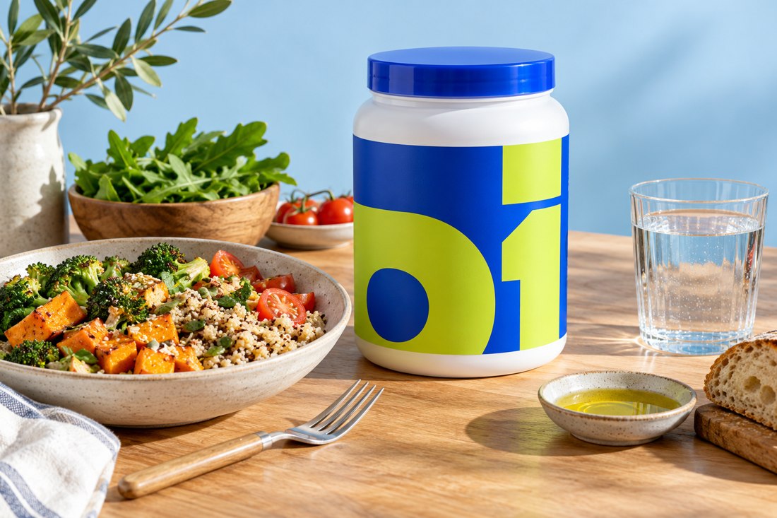 Pasto illustrativo con cereali, verdure, olio di oliva e acqua